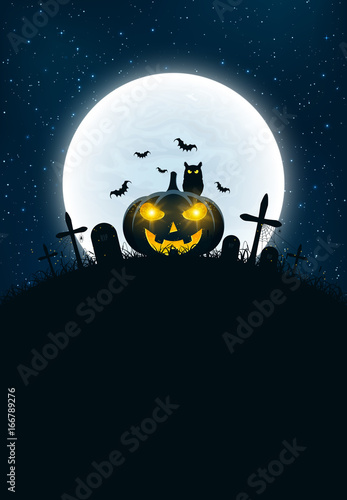 Template for Halloween. The night scene of horrors. The concept of crosses, graves and pumpkin with luminous yellow eyes. The black owl. Full moon. Vertical background