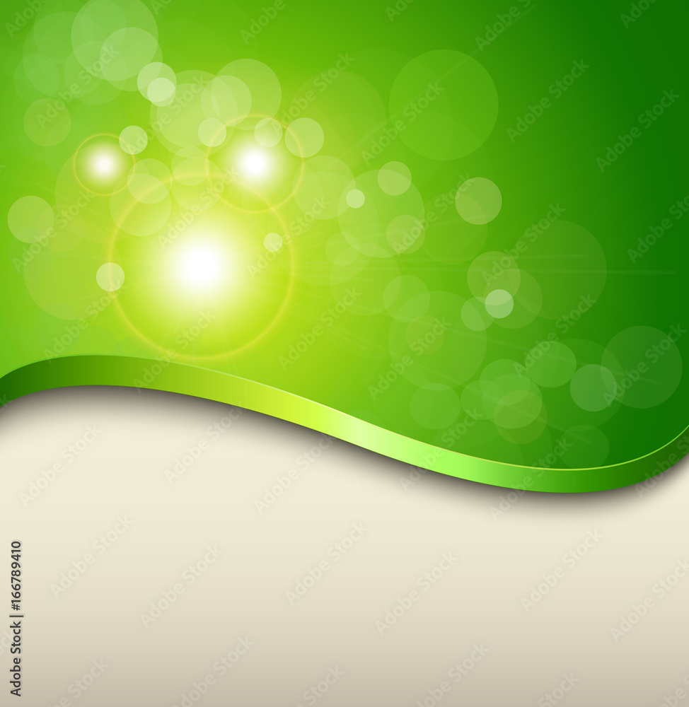 Sunny green background with elegant abstract wave and green bokeh