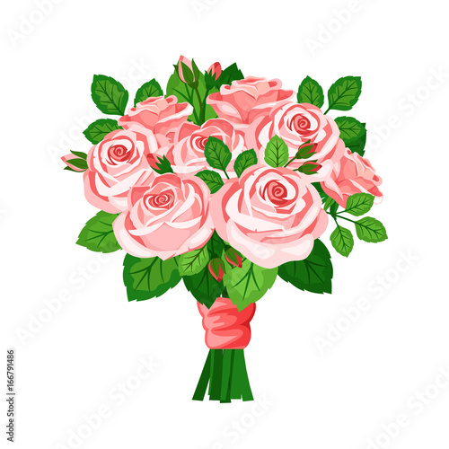 Beautiful bouquet of pink roses with buds  on white background