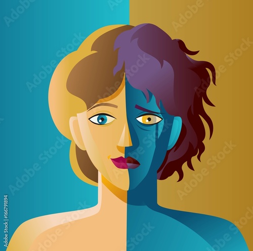 split face double personality bipolar sad and happy woman