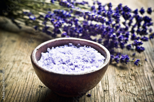 Lavender herb and salt like a concept for wellness, care about body, meditation, relax, spa, 