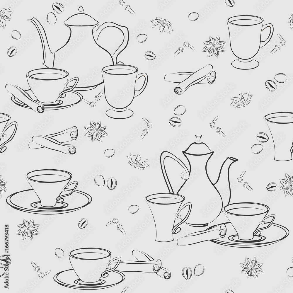 Seamless pattern with coffee pot, cups, cinnamon, coffee beans, anise and cloves.