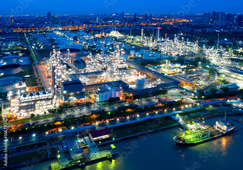 Twilight of oil refinery ,Shot from drone of Oil refinery and Petrochemical plant at dusk , Bangkok, Thailand