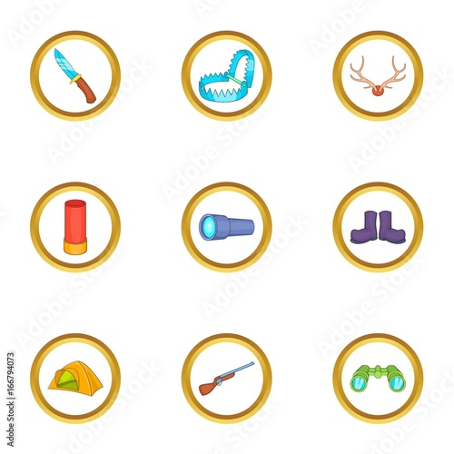 Hunter tools icons set, cartoon style