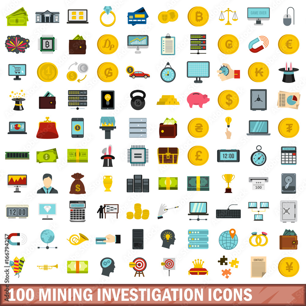 100 mining investigation icons set, flat style
