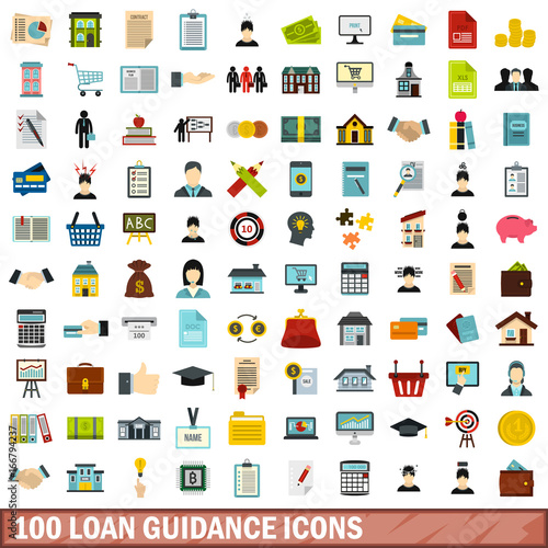 100 loan guidance icons set, flat style