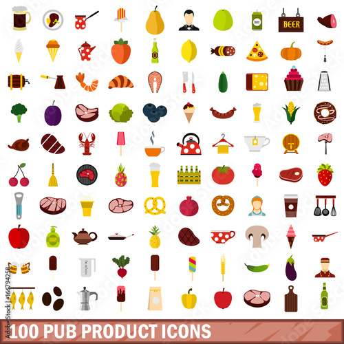 100 pub product icons set, flat style