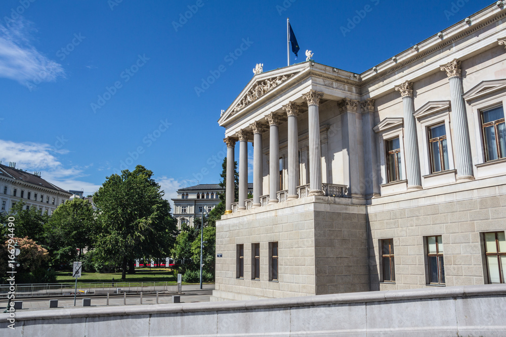 Detail of Austrian parliament building in Vienna, Austria.