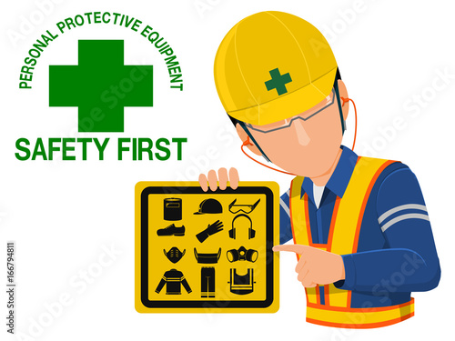 Worker is presenting warning sign about PPE
