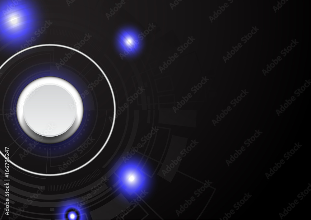 Technology background, white button and blue lights on black background Technology background, white button and blue lights on black background