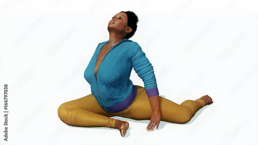 Young adult positive curvy plus size african woman practicing yoga  stretching exercise in easy pigeon pose isolated on white background 3D  illustration Stock Photo