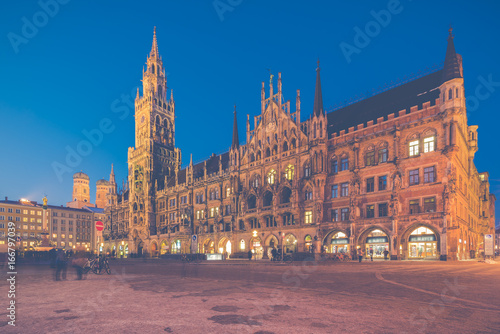 Night panorama of Marienplatz and Munich city hall in Munich