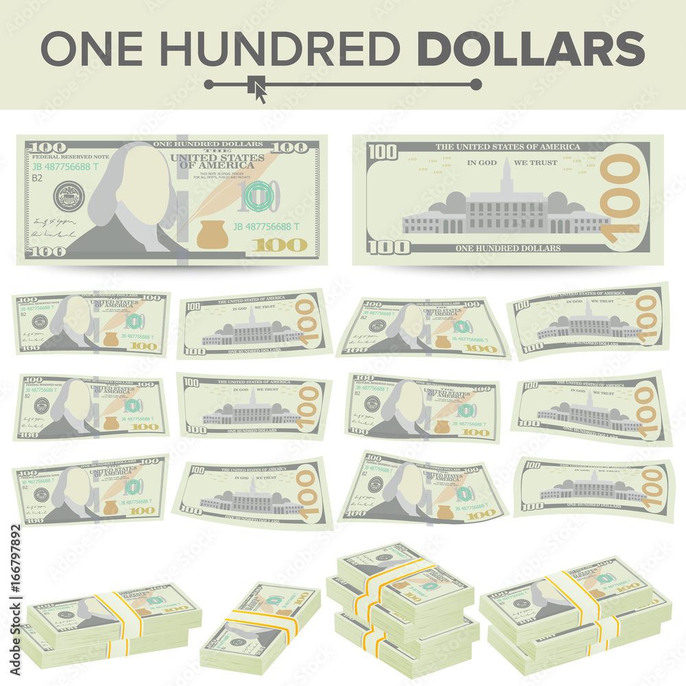 100 Dollars Banknote Vector. Cartoon US Currency. Two Sides Of One ...