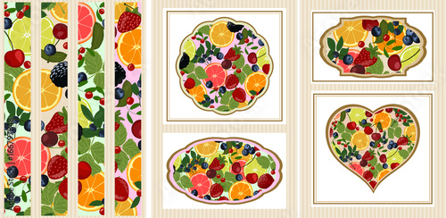A set of background elements with berries and citrus.