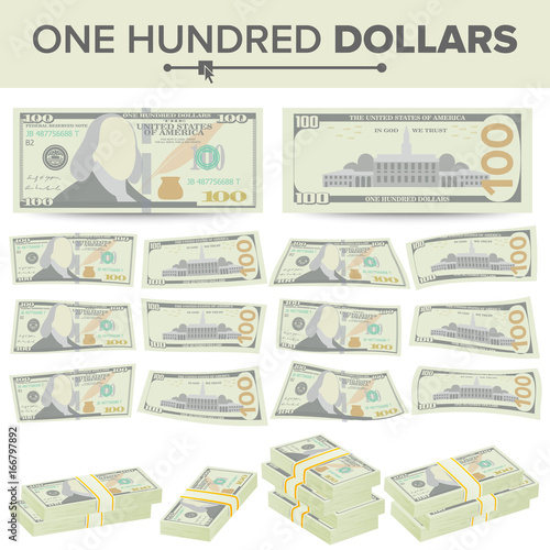 100 Dollars Banknote Vector. Cartoon US Currency. Two Sides Of One Hundred American Money Bill Isolated Illustration. Cash Symbol 100 Dollars Stacks