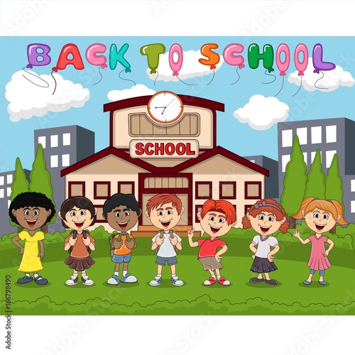 Students in front of school with balloon back to school cartoon