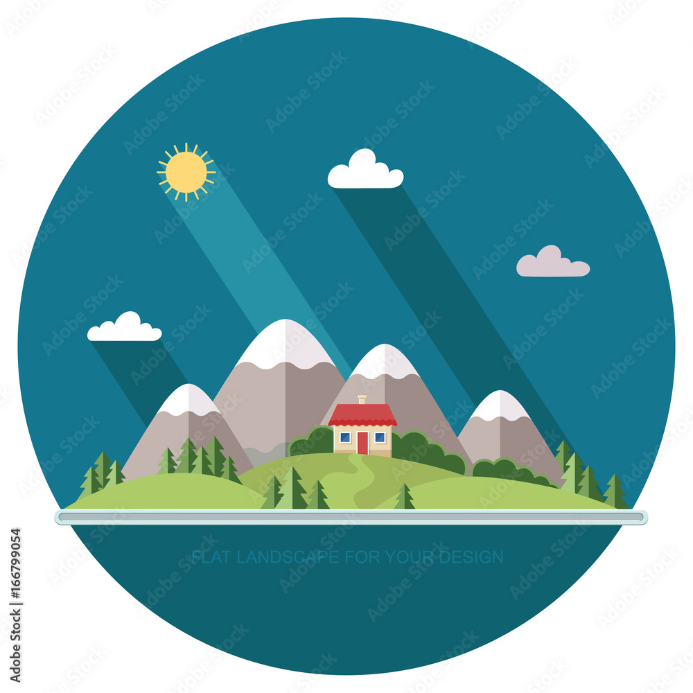 Naklejka premium Beautiful rural landscape with houses and mountain views. The village road to the garden, field. Spring Summer Autumn. Flat design style vector illustration.