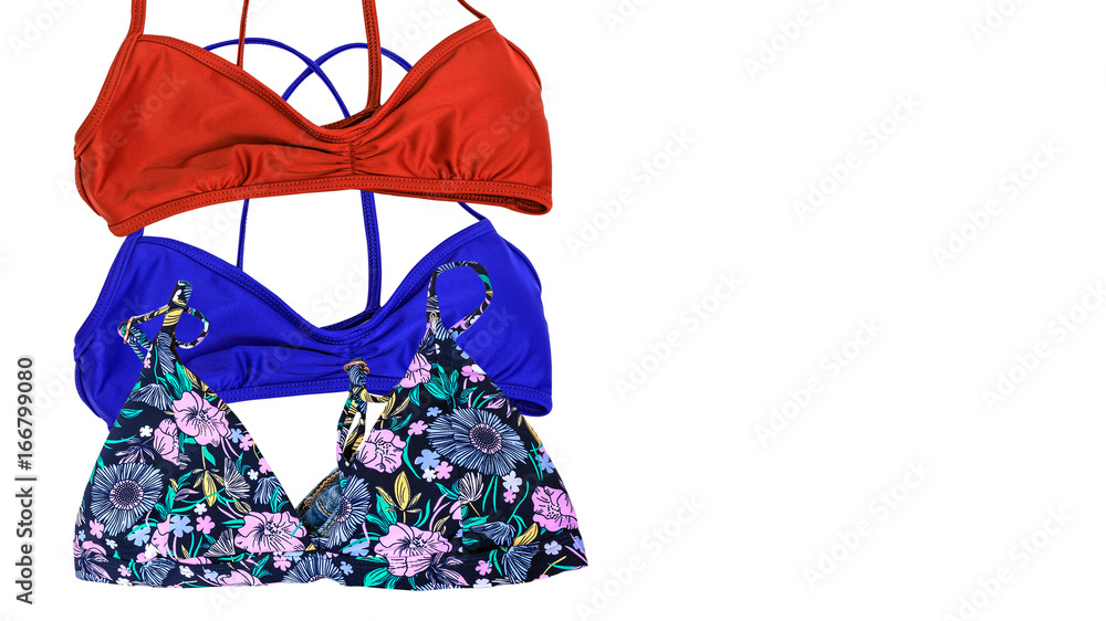 Summer vacation background, travel accessories costumes, bikini swimsuit with floral print, blue bikini and red bikine woman clothes isolated on white background