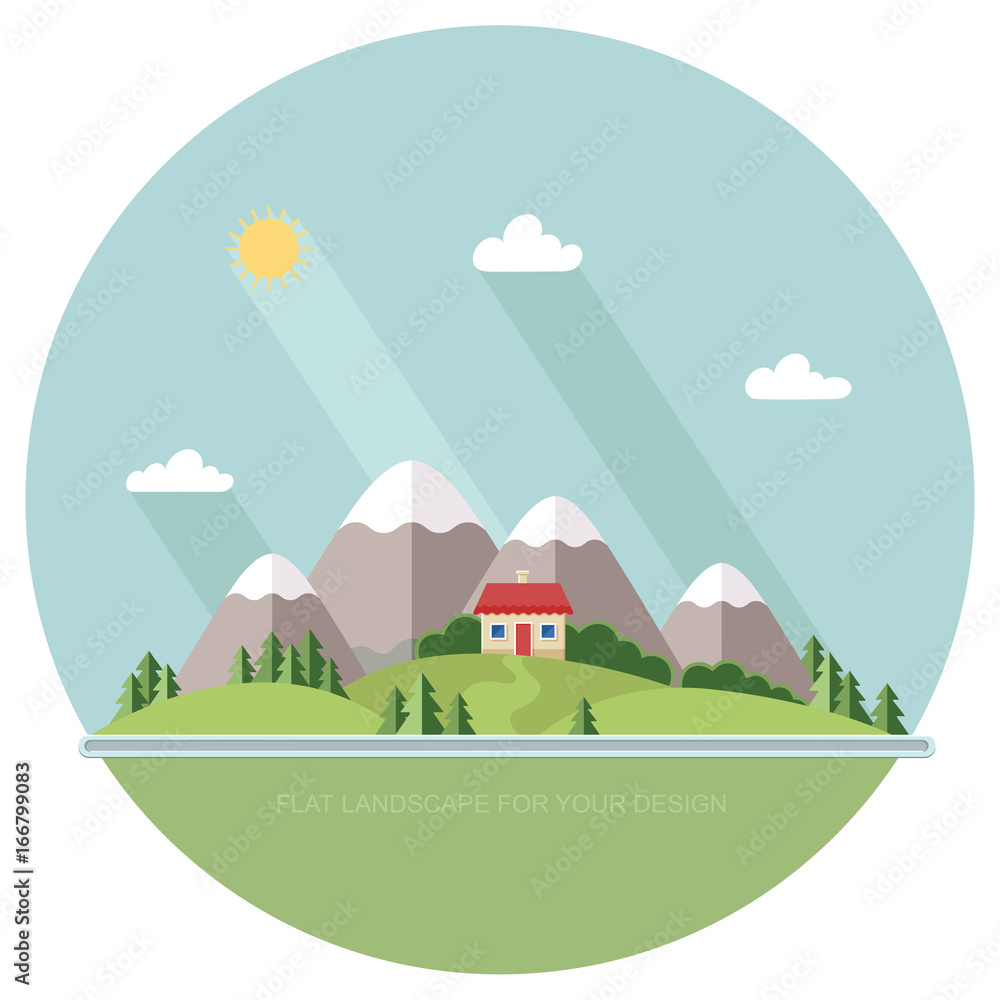 Naklejka premium Beautiful rural landscape with houses and mountain views. The village road to the garden, field. Spring Summer Autumn. Flat design style vector illustration.