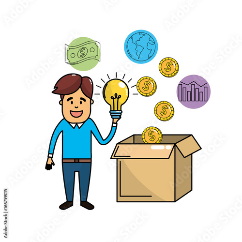 businessman with bulb idea in the hand and cash money
