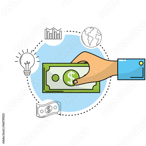 hand with bill cash money and business icons