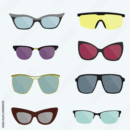 A set of glasses isolated. Vector glasses model icons. Sunglasses, glasses, isolated on white background.
