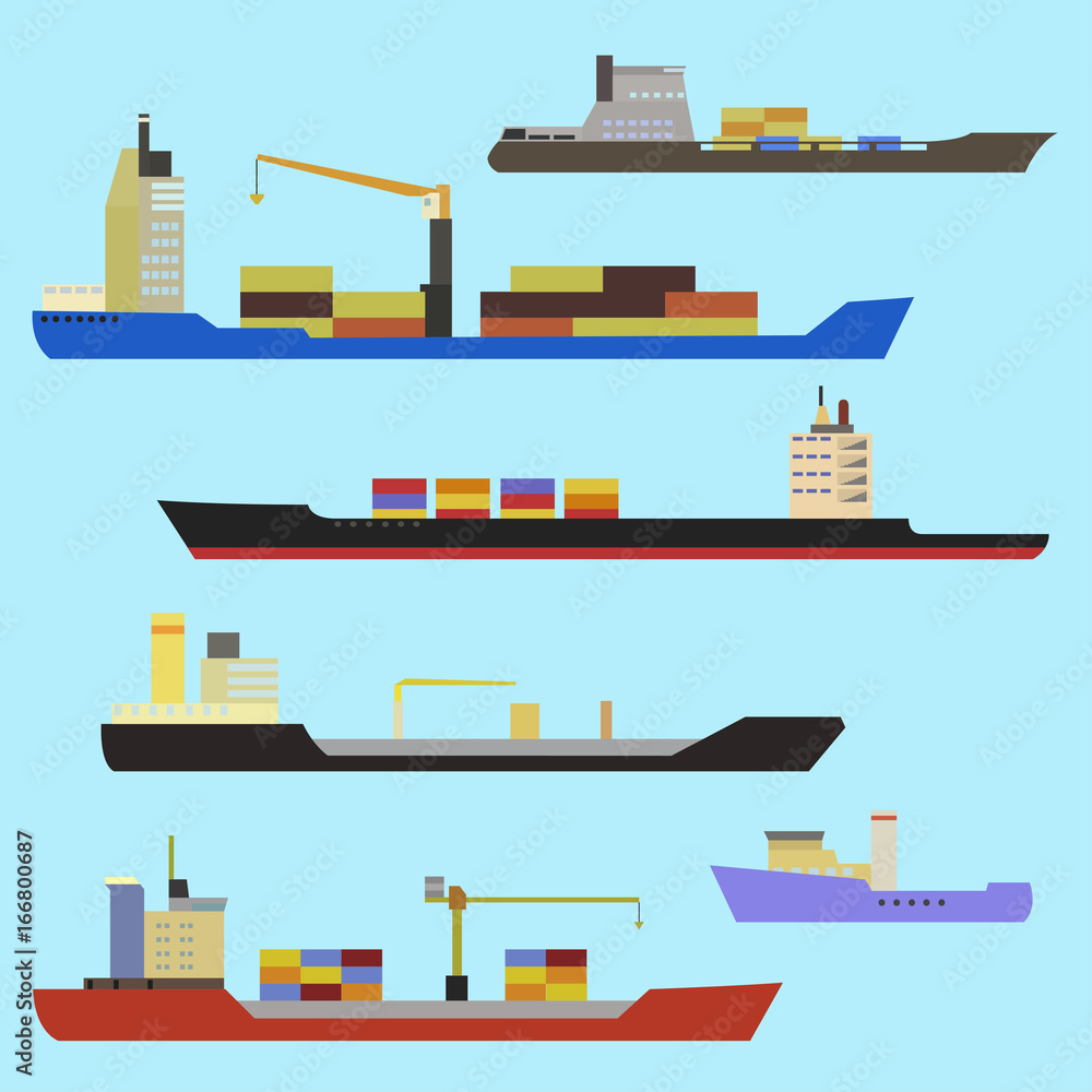 Set of ships in flat style. Set of container ship, bulker, ro-ro, tanker, dry cargo, ferry boat.