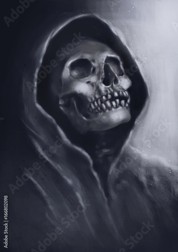 God of death, Grim reaper.illustration scarecrow,halloween dark fantasy painting.Skull in hood.