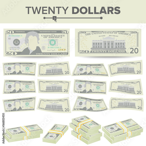 20 Dollars Banknote Vector. Cartoon US Currency. Two Sides Of Twenty American Money Bill Isolated Illustration. Cash Symbol 20 Dollars Stacks