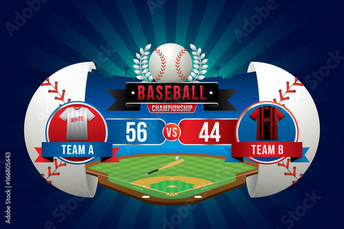 Vector of baseball game with team competition and scoreboard.