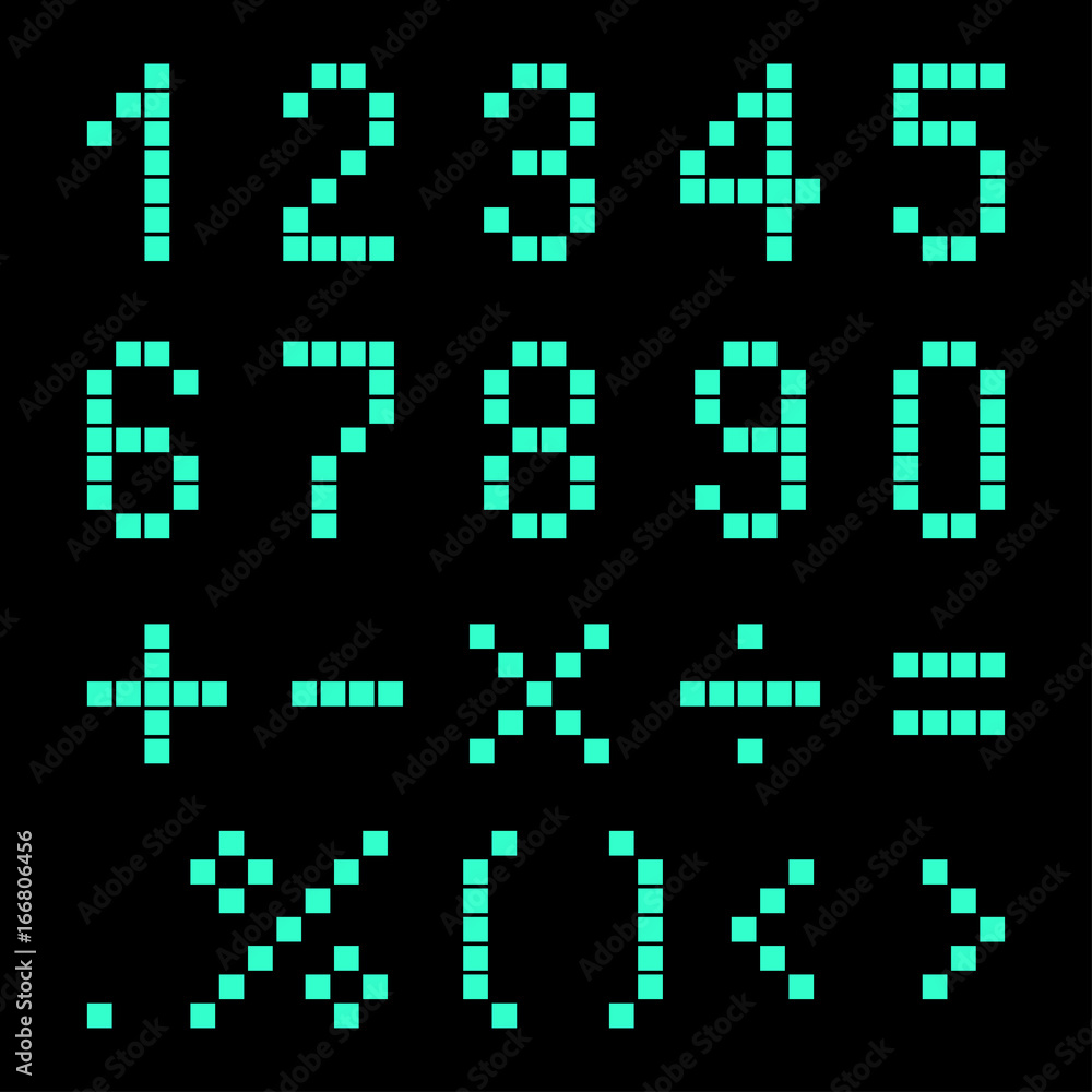 Numbers and mathematical signs from pixels. Numbers and mathematical signs from pixels.