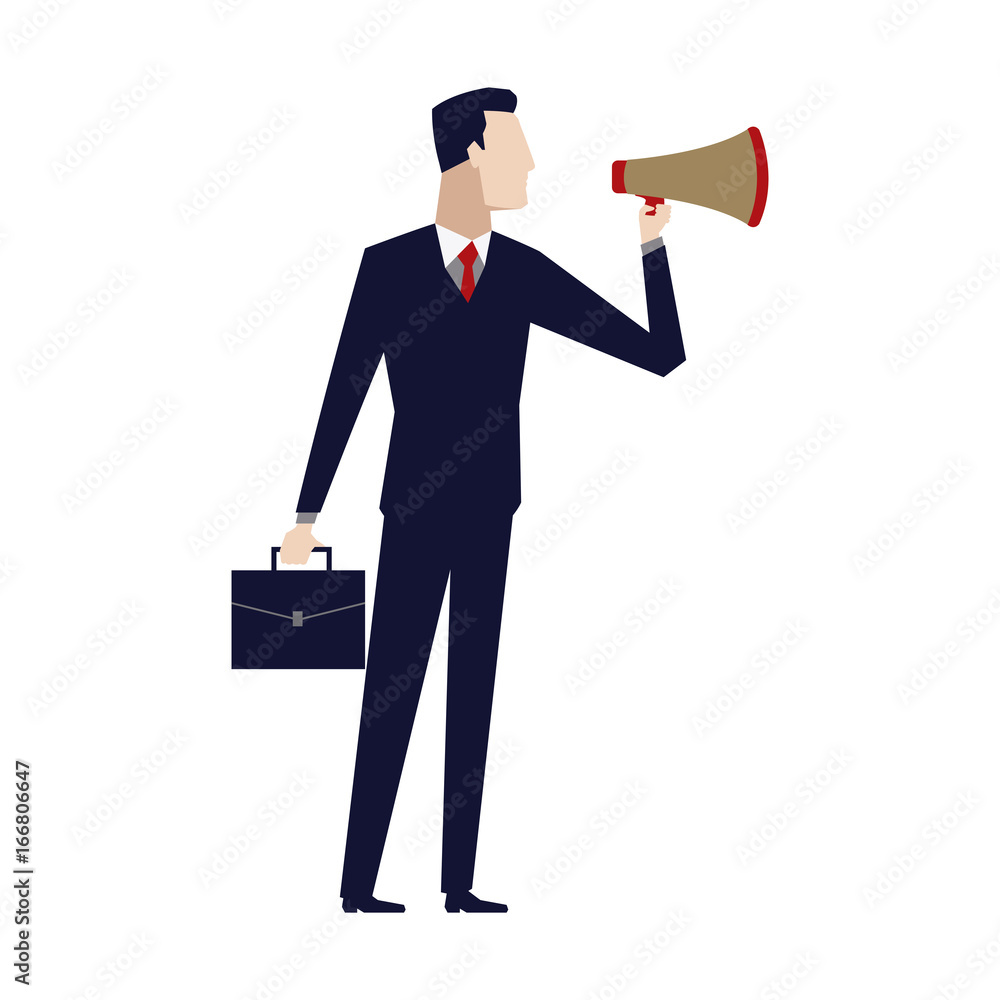 businessman talking into megaphone make an announcement businessman talking into megaphone make an announcement