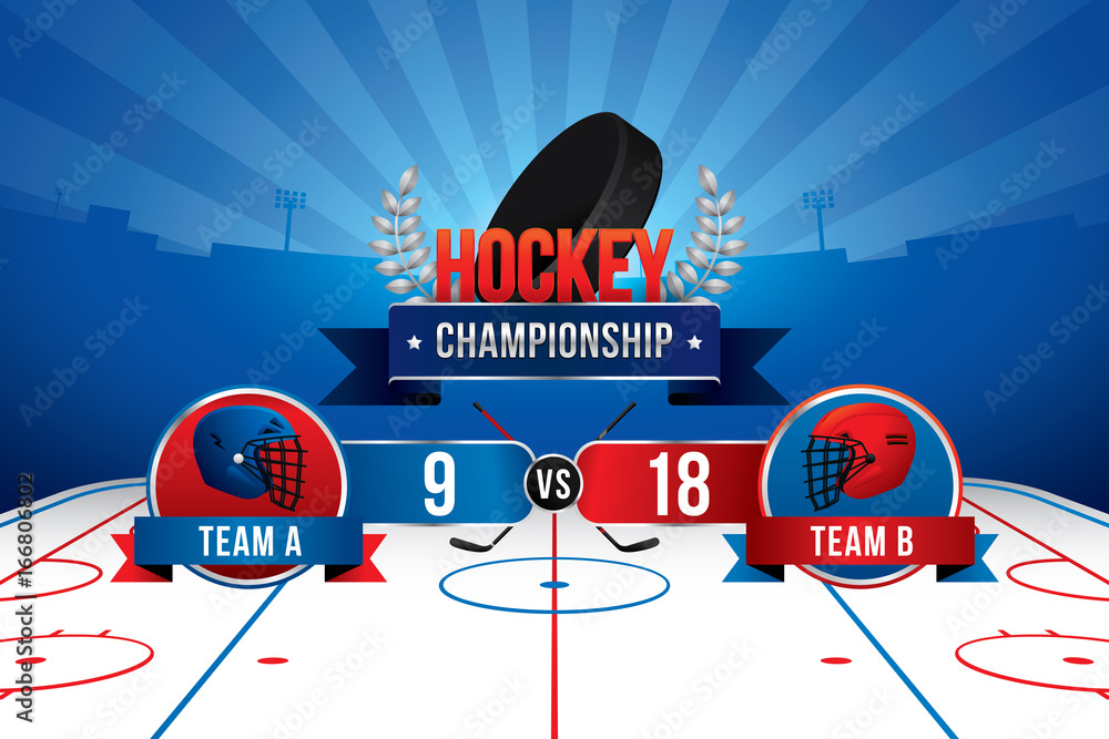 Fototapeta premium Vector of ice hockey championship with team competition and scoreboard.