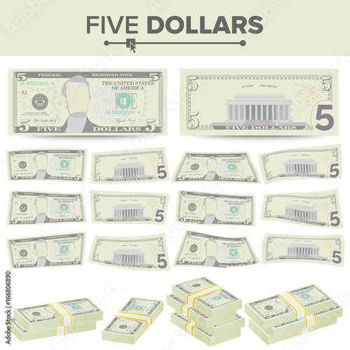 5 Dollars Banknote Vector. Cartoon US Currency. Two Sides Of Five American Money Bill Isolated Illustration. Cash Symbol 5 Dollars Stacks