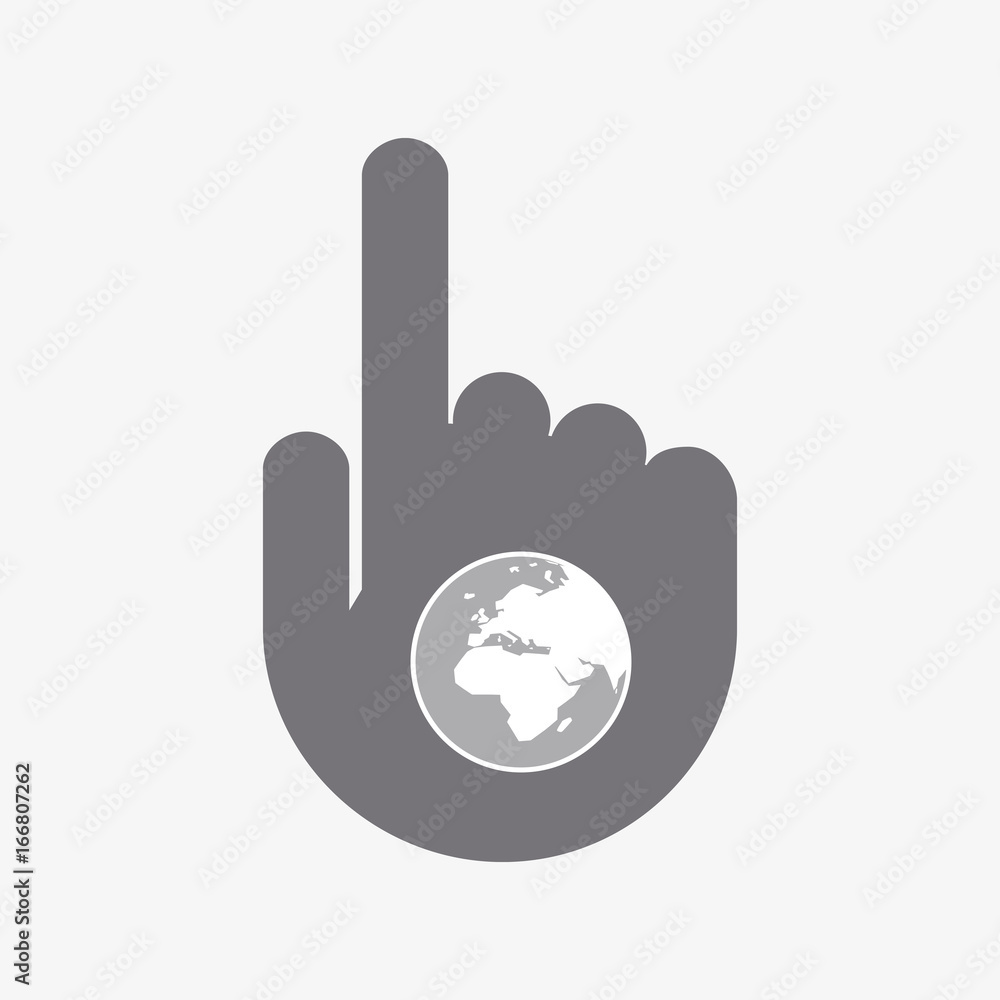 Isolated touching hand with an Asia, Africa and Europe regions world globe Isolated touching hand with an Asia, Africa and Europe regions world globe