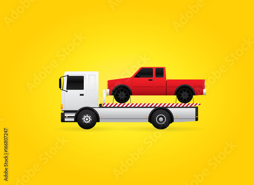 Flatbed tow truck carries the assistance car. Vector illustration
