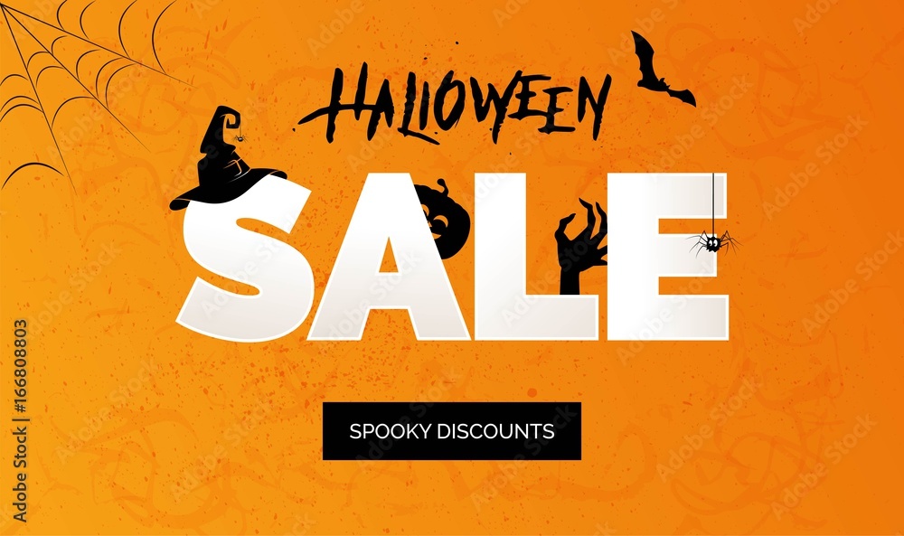 Fototapeta premium Halloween Sale vector banner with lettering and holiday symbols pumpkin, witch hat, zombie, spider and bat. Great for banner, voucher, offer, coupon, holiday sale.