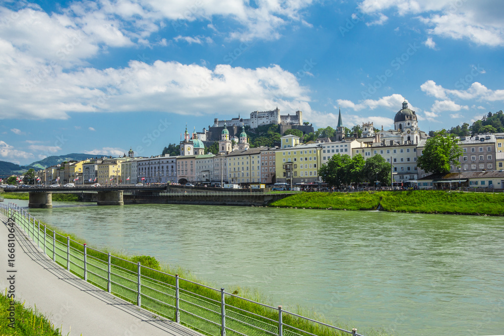 Fototapeta premium View of Salzach, where Salzburg is located, Austria