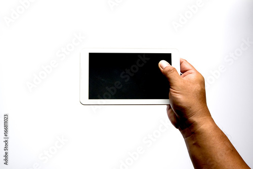 A man hand holding horizontal the white smartphone with blank screen on white background.