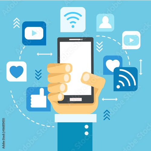 Social media banner. Phone with icons