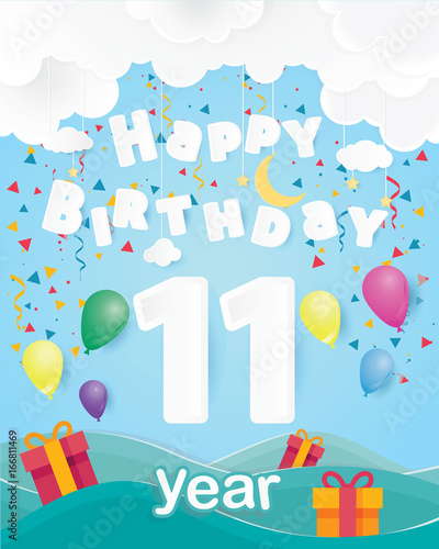 cool 11 st birthday celebration greeting card origami paper art design, birthday party poster background with clouds, balloon and gift box full color. eleven years anniversary celebrations