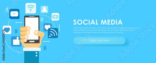 Social media banner. Phone with icons