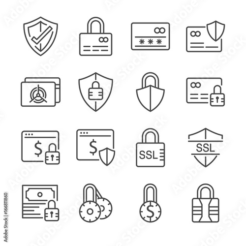 Secure payment line icon set. Included the icons as credit cad, safe, protection, ssl, encryption and more.