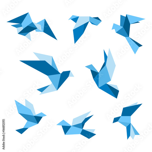 Blue flying pigeon and dove birds set, isolated on white. Pigeon polygonal style. Vector illustration.