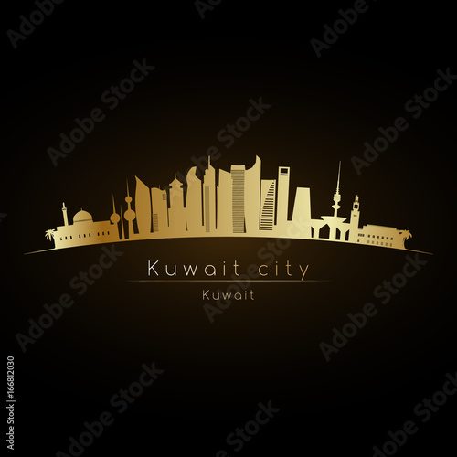 Golden logo Kuwait city skyline. Vector silhouette illustration.