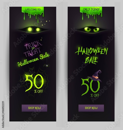 Halloween sale black  banners. Set of mobile banners for online shopping. Halloween poster designs with halloween symbols and calligraphy. Vector illustration.