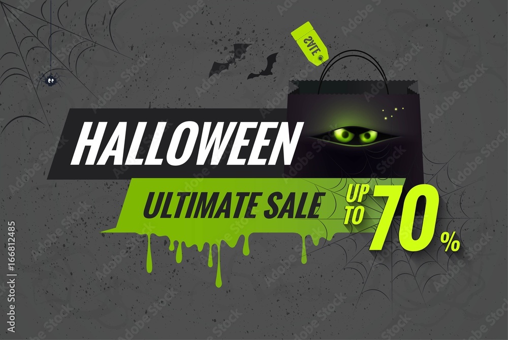 Fototapeta premium Halloween sale black and green banner. Mobile banner for online shopping. Halloween poster designs with halloween symbols and text. Vector illustration.