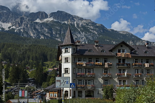 Environment on the circular motion in road of Cortina d'Ampezzo, Dolomiti, mountain, Alps, Veneto, Italy, Europe 