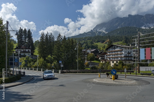 Environment on the circular motion in road of Cortina d'Ampezzo, Dolomiti, mountain, Alps, Veneto, Italy, Europe 