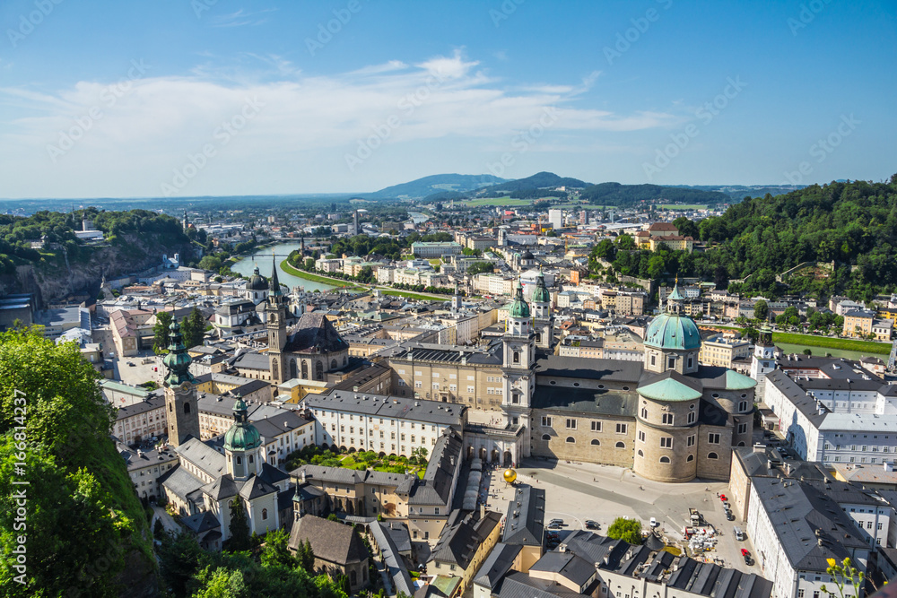 View of Salzburg from the Hohensalzburg Fortress, a famous tourist city in Austria